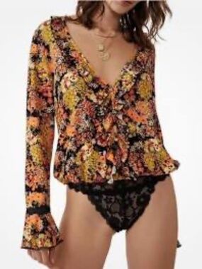 Free People Intimately Free People Heat Wave Bodysuit, Black & Orange Floral, Lg